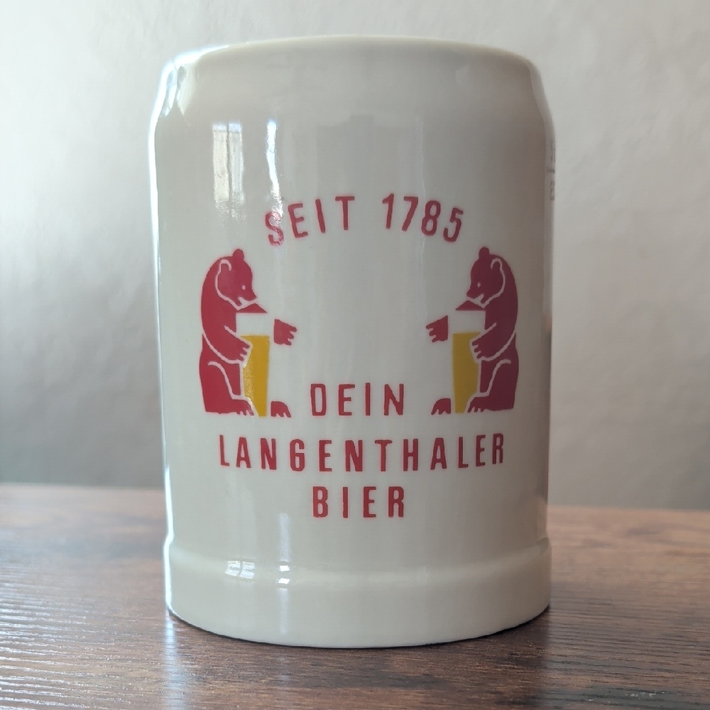 German Beer Langenthaler Bier Stoneware Stein Red Bears Man Cave Bar Decor Mug